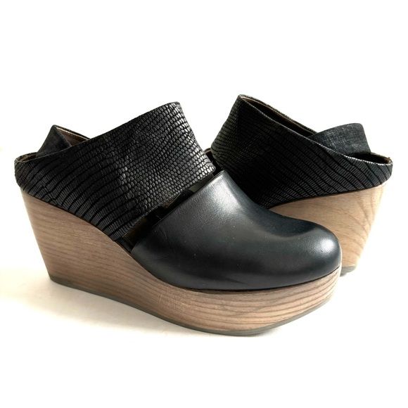 Coclico Harlen Wedge Platform Clogs Leather Wooden Shoes Black Size 6/36 - Picture 6 of 17